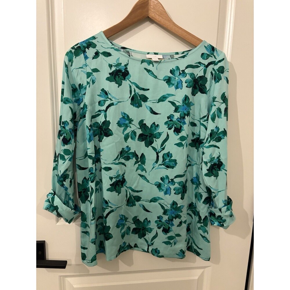 J Jill Green Floral Tunic Top XS Long Sleeves 100% Lenzing Viscose
